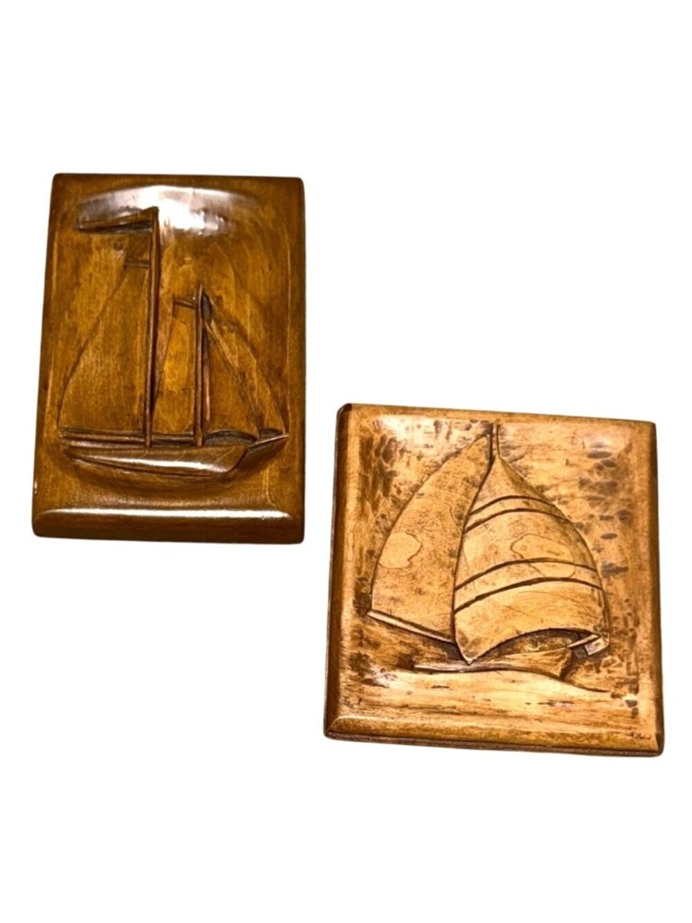 Vtg Hand Carved Wood Ships Wall Plaques Spinnaker Schooner Rockport ME Sign JGW
